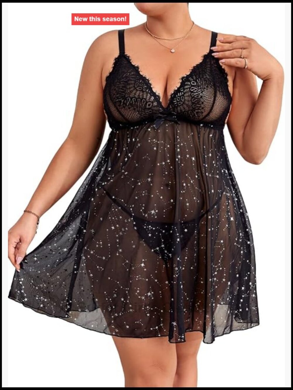 Plus Size Lace Sheer Mesh Galaxy Print Lingerie Slip Dress Thong Set